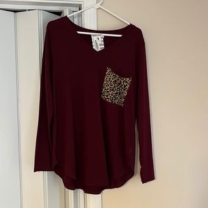 Wine Long Sleeve Leopard Pocket Tee